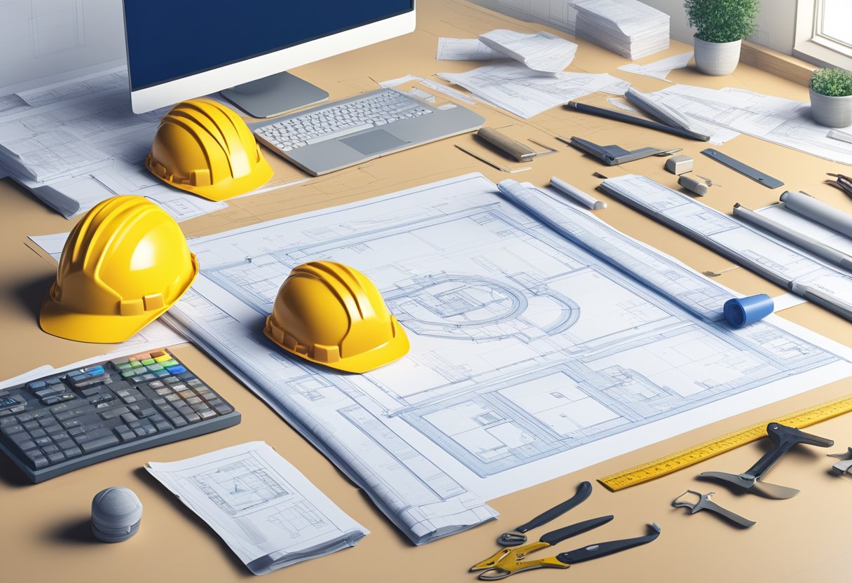 A blueprint laid out on a desk, with a hard hat and construction tools nearby. A computer screen displays a project management software interface