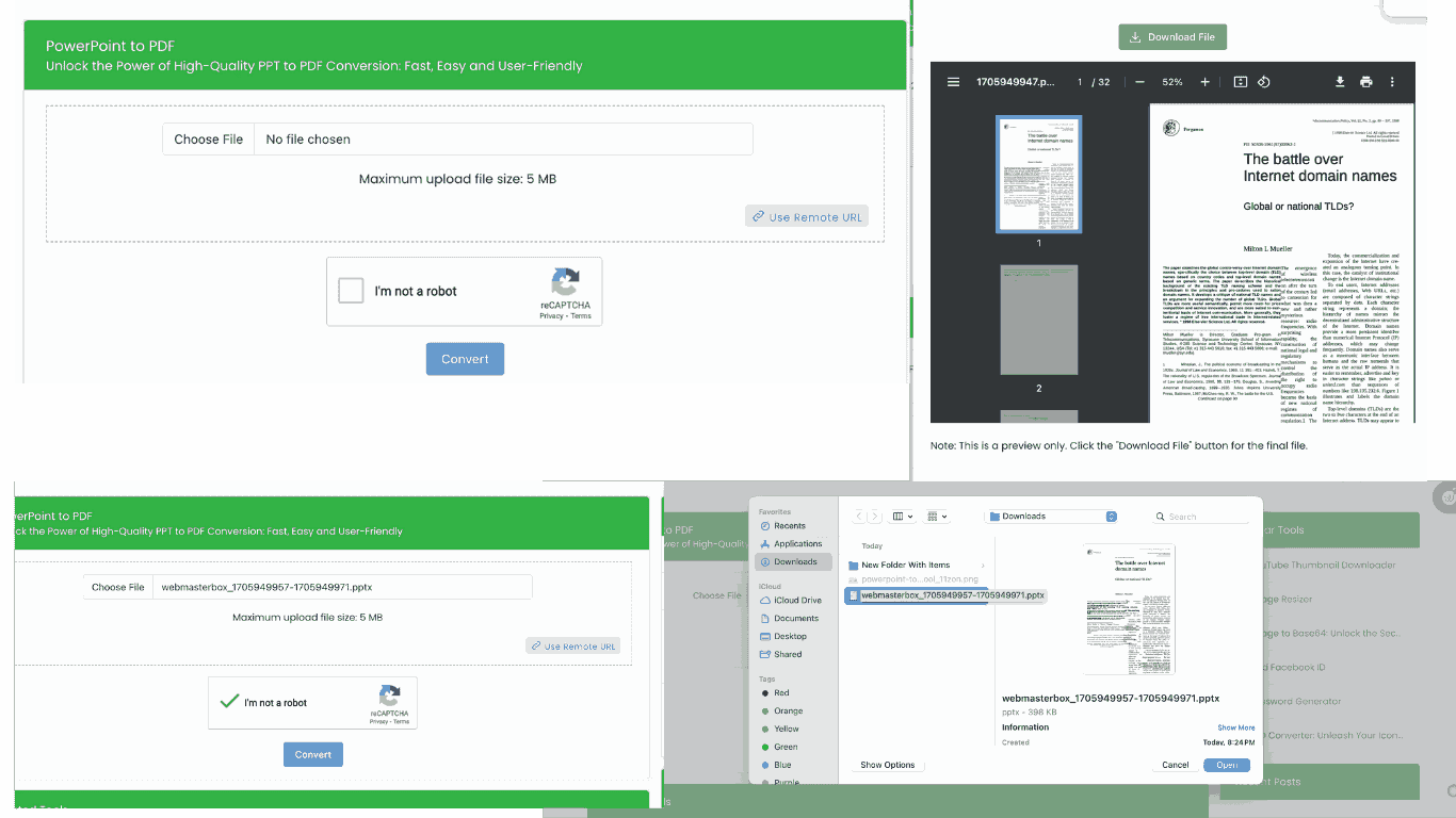 Capture d'écran de l'interface d'un outil de conversion PowerPoint en PDF. L'interface utilisateur affiche un design épuré avec des options pour télécharger un fichier PowerPoint, choisir les paramètres de conversion et lancer le processus de conversion. Des indicateurs de progression et un bouton de téléchargement sont visibles, offrant une expérience conviviale pour la conversion de présentations au format PDF