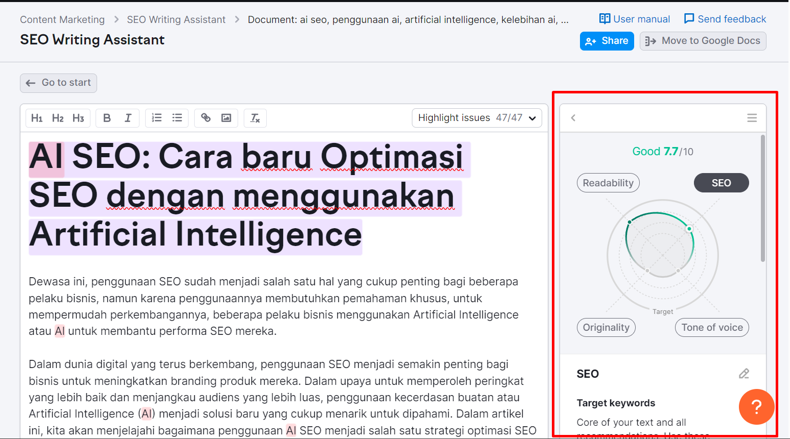 Analisis yang ditunjukkan oleh SEO Writing Assistant