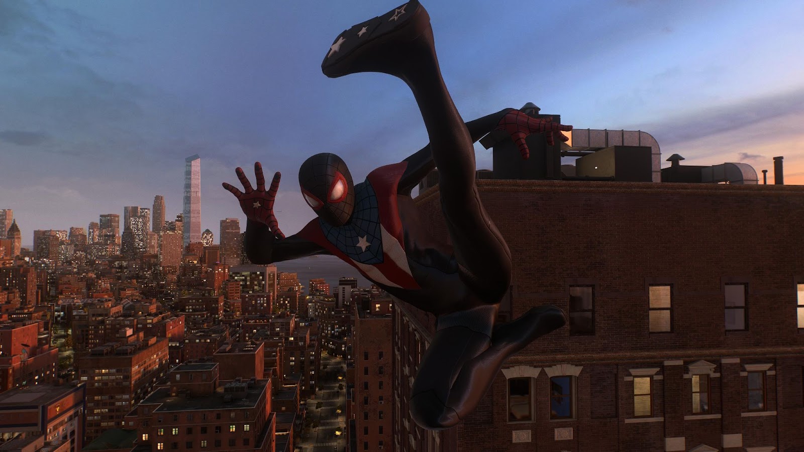 An in game screenshot of Miles Morales in the Boricua suit from Marvel's Spider-Man 2