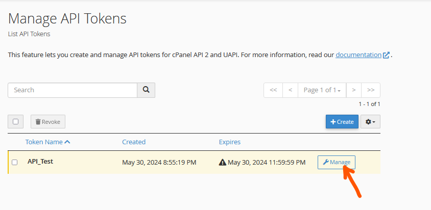 manage API tokens in cPanel