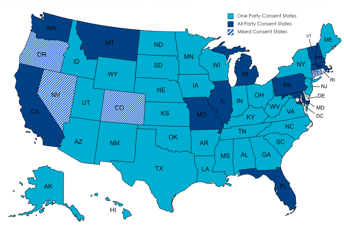 A map of US states that shows which states require one-party consent, all-party consent or don’t specify regulations for call recordings, with most states requiring only one-party consent