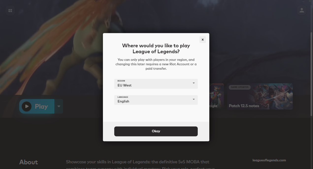 Captura de tela da seleção de região de League of Legends no aplicativo cliente