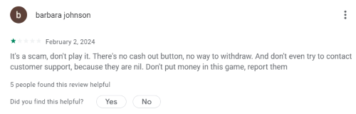 A 1-star Bingo King review from a player who says the game is a scam wtih no way to cash out and no customer service to contact. 