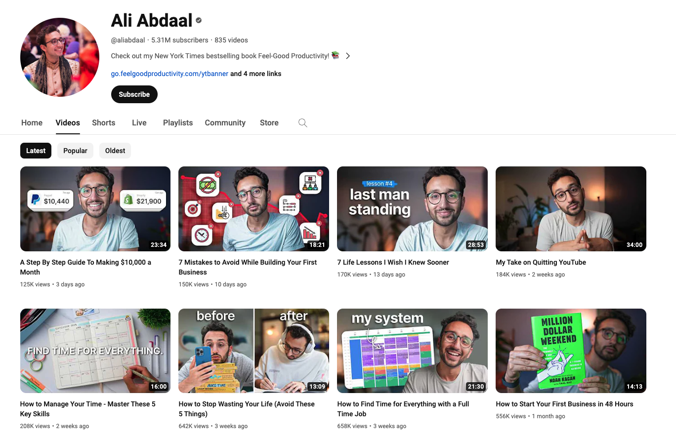 Ali Abdaal YouTube thumbnails