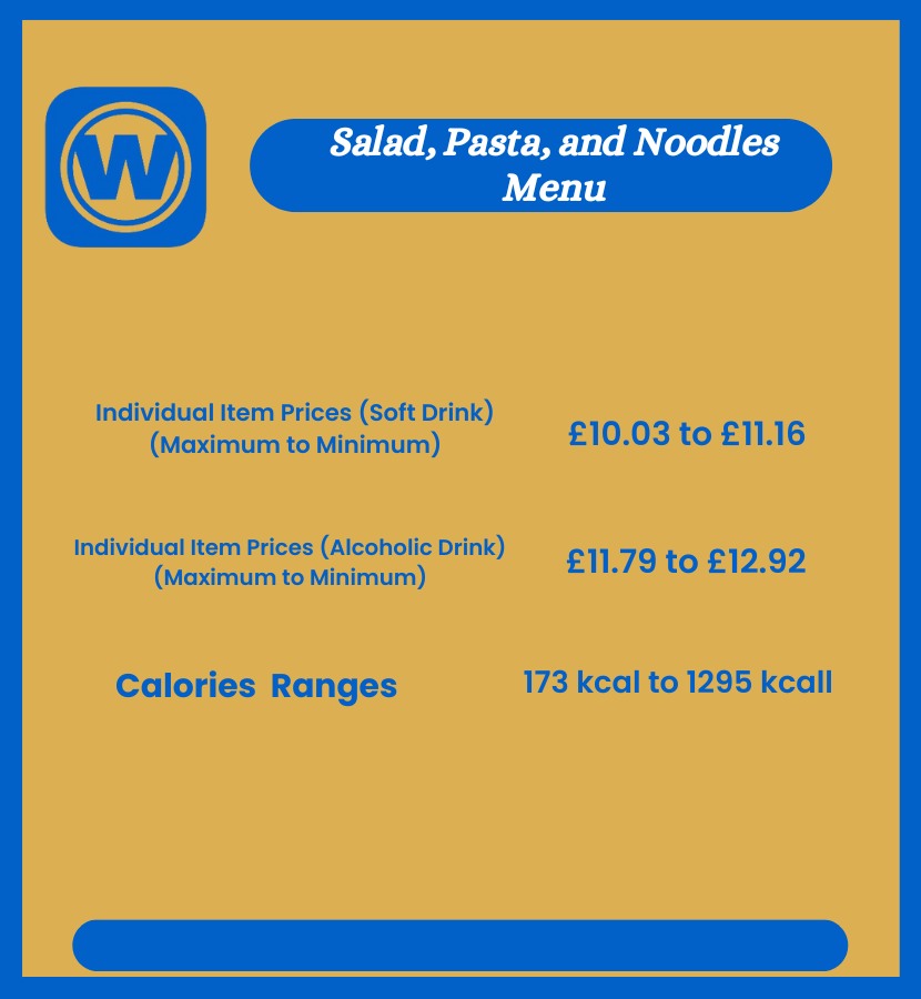 Salad, Pasta, and Noodles Menu of wetherspoon with prices