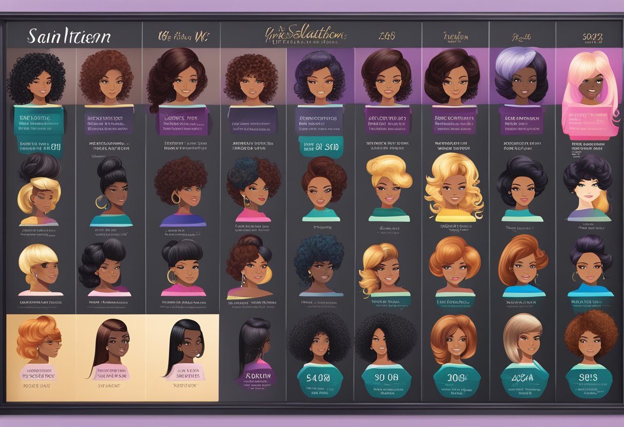 A salon display board lists Virgin Hair wig installation prices