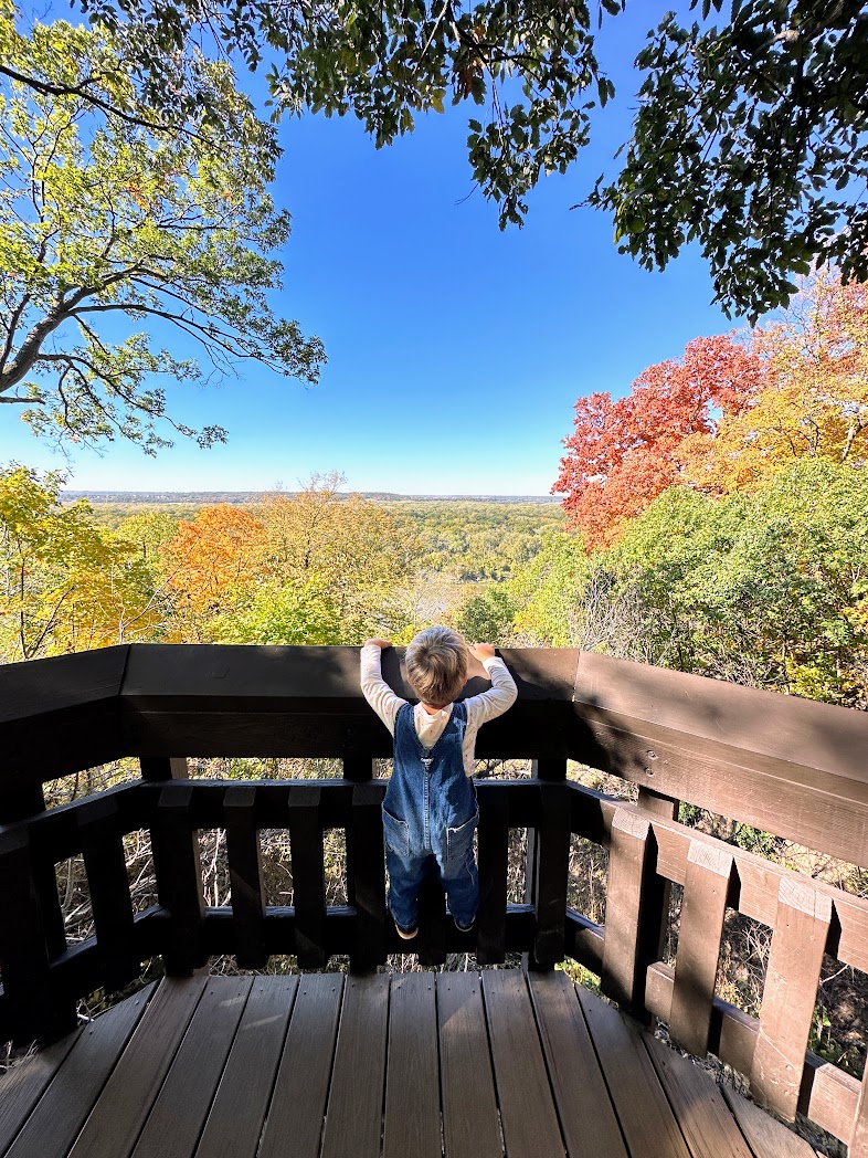 Weston Bend State Park overlook in the fall with a little boy