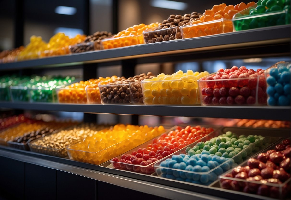 A colorful display of various candies, from gummy bears to chocolate bars, arranged on shelves in a modern candy store