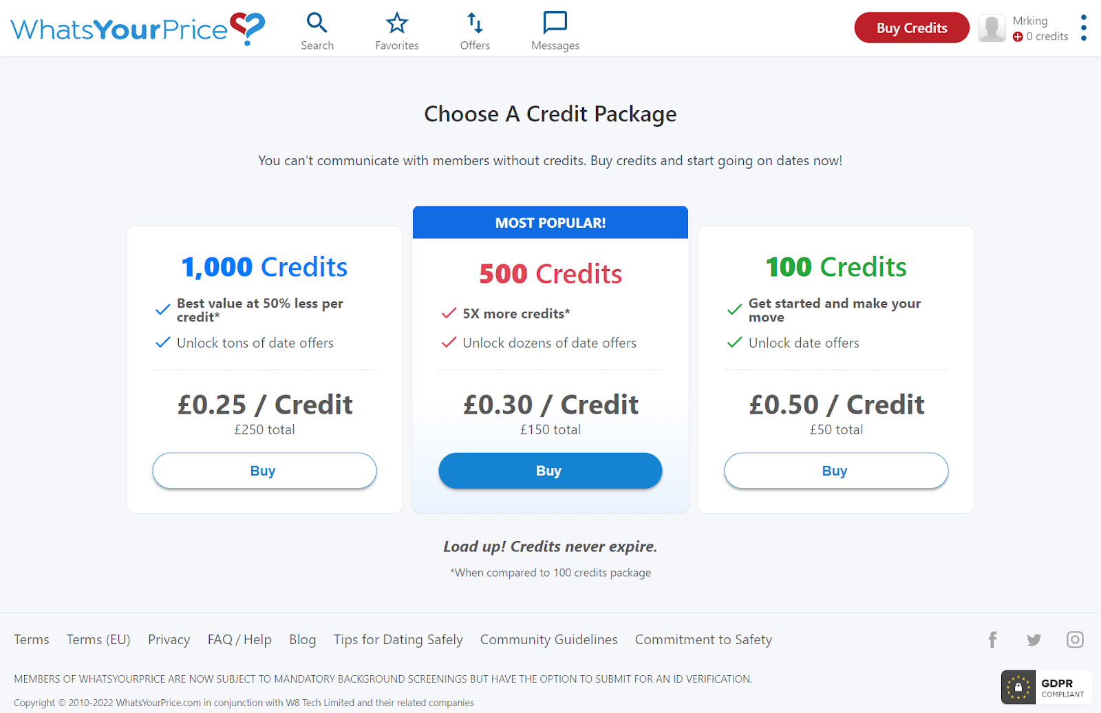 whatsyourprice dating site prices and costs for credit packages