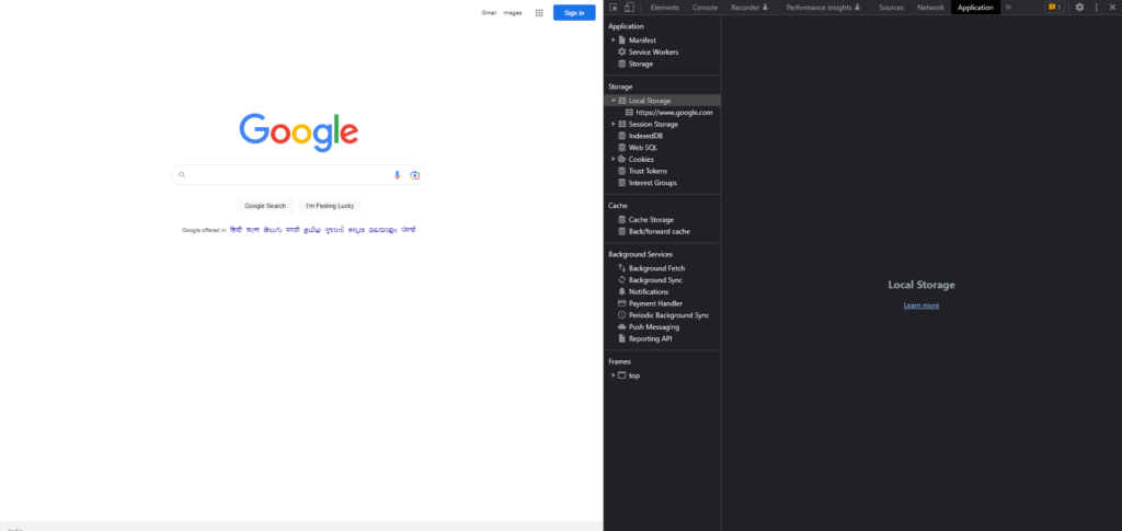 Chrome Dev Tools Application Tab