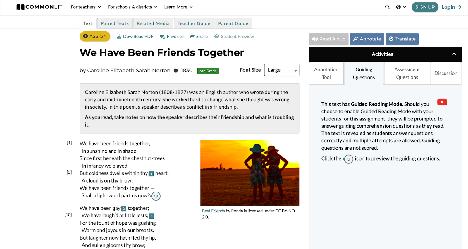 CommonLit lesson for “We Have Been Friends Together” with the Guiding Questions tab highlighted.