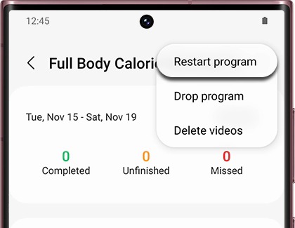 Restart program highlighted in the Samsung Health app