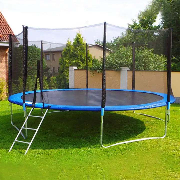 An outdoor trampoline with an enclosed net