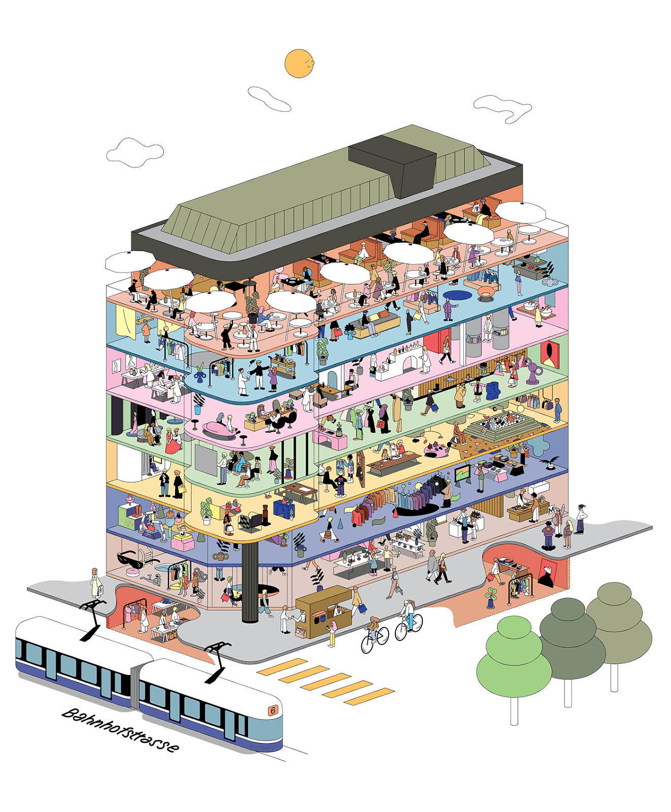 Character design department store interior design Retail shop Shopping store Switzerland Zurich isometric illustration