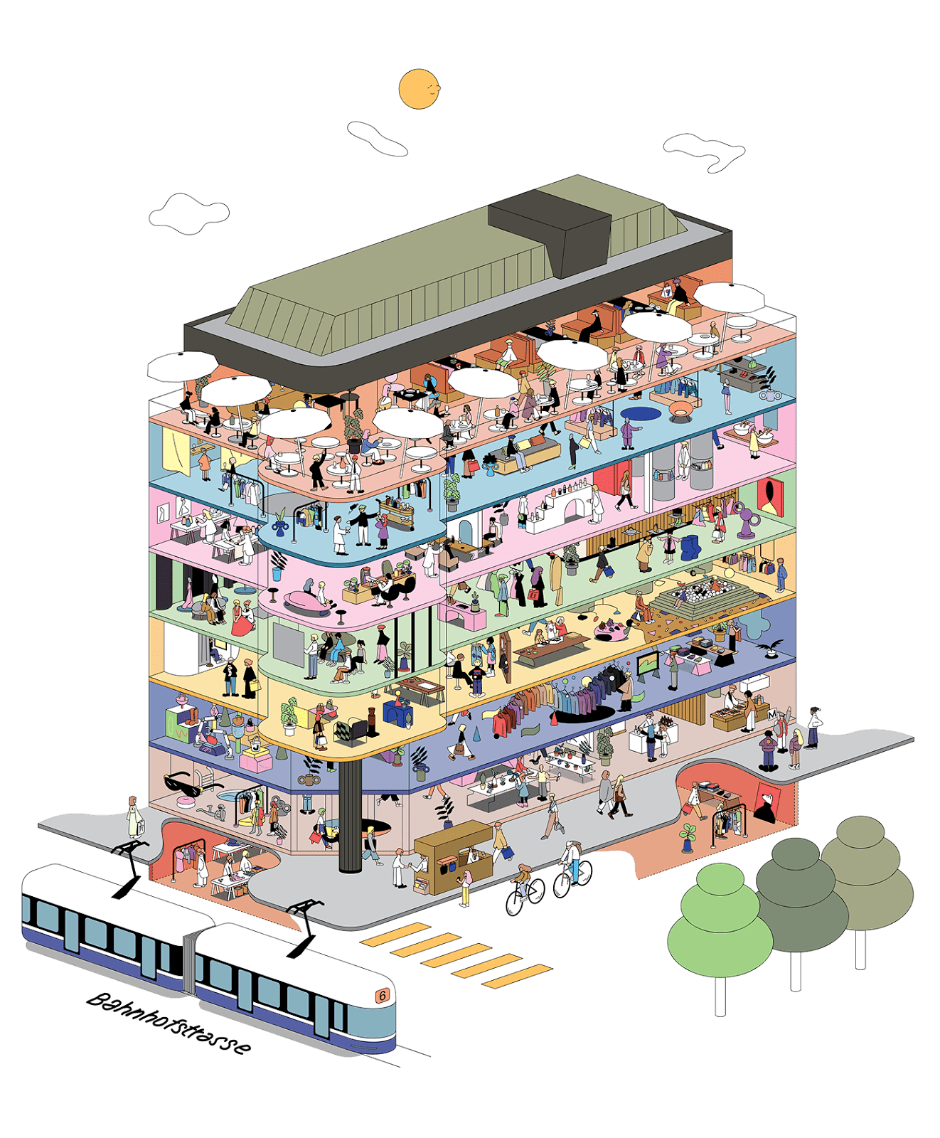 Character design  department store interior design  Retail shop Shopping store Switzerland Zurich isometric illustration