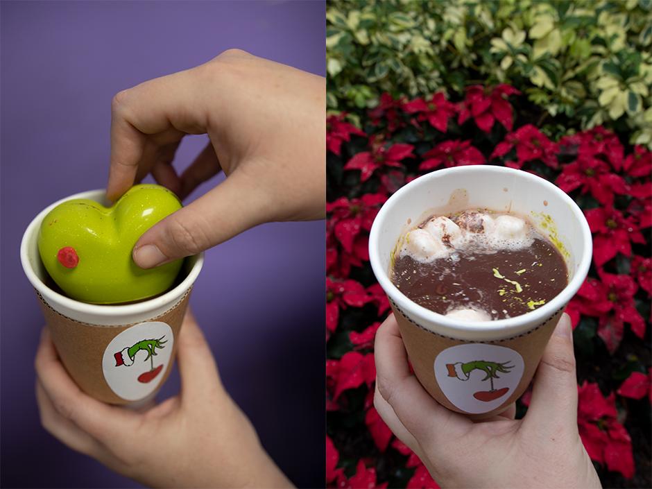 A close-up of hands holding the hot chocolate bomb and the bomb after exploding in the hot chocolate