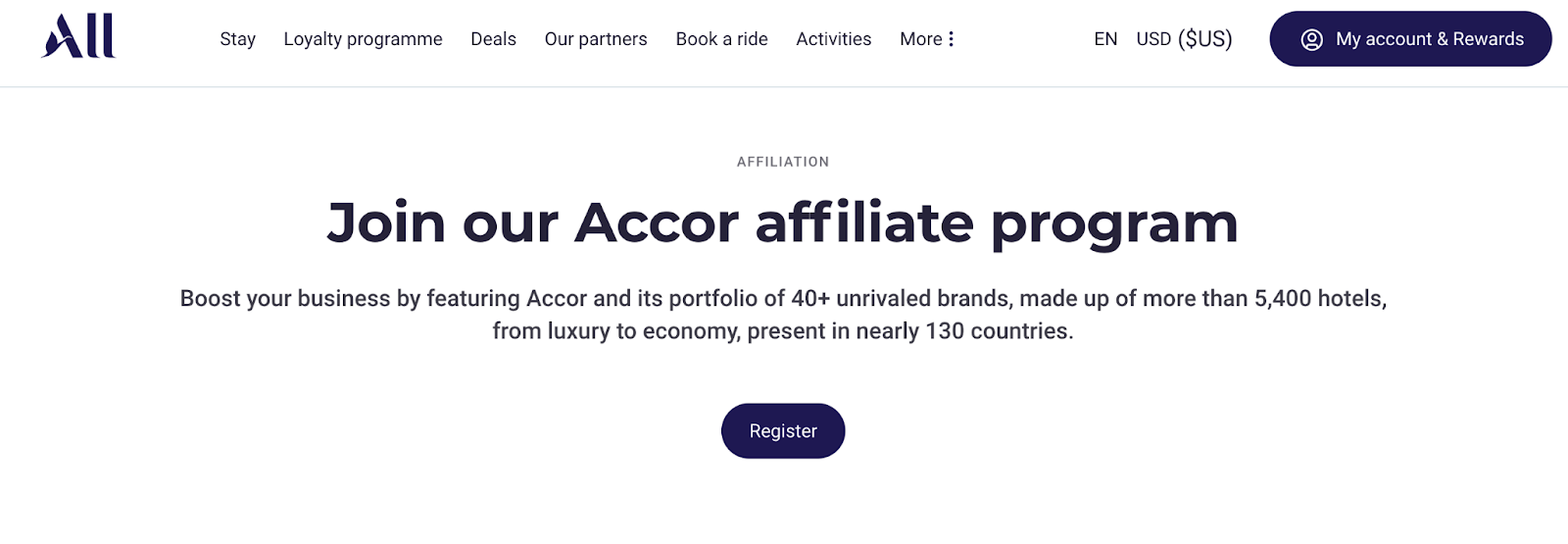 Accor travel affiliate program page on their website