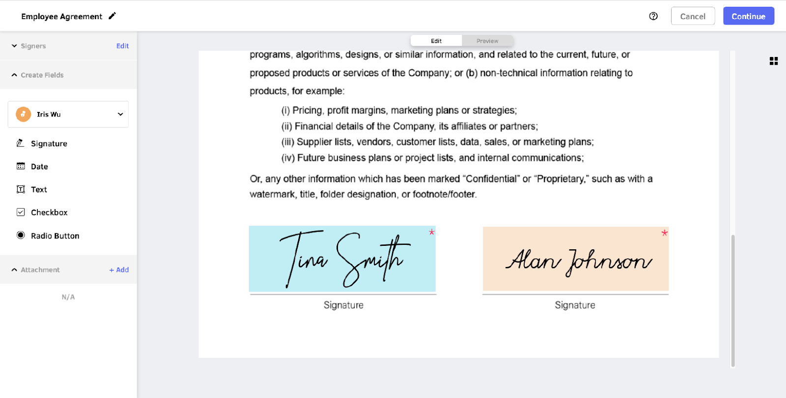 A screenshot of DottedSign shows the bottom of a contract with two fields where signers can attach their signatures.