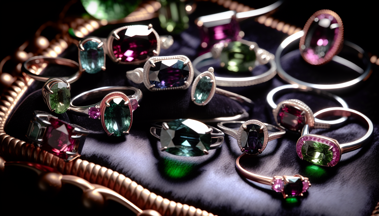 Exquisite alexandrite gemstone jewelry including rings, pendants, and bracelets