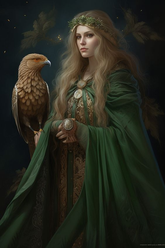 This is an illustration of a woman wearing heavy green robes, with a garland in her blonde hair and an eagle by her side.