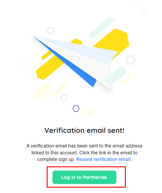 Partnerize affiliate network sign up process:email verification page