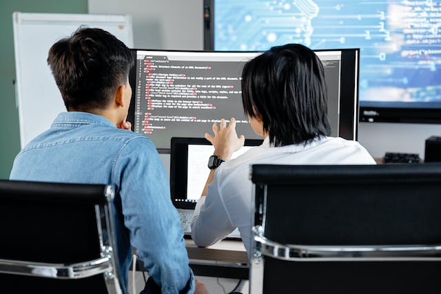 Two persons looking at a computer screen and discussing