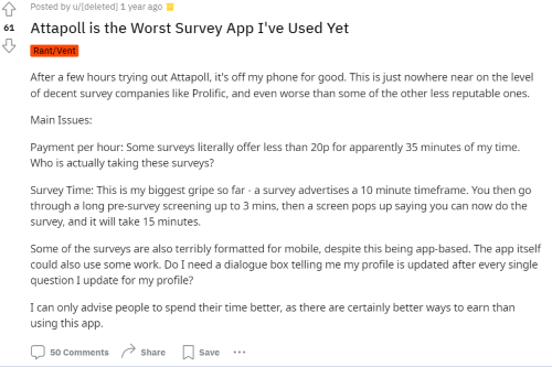 A negative AttaPoll review from someone on Reddit. 