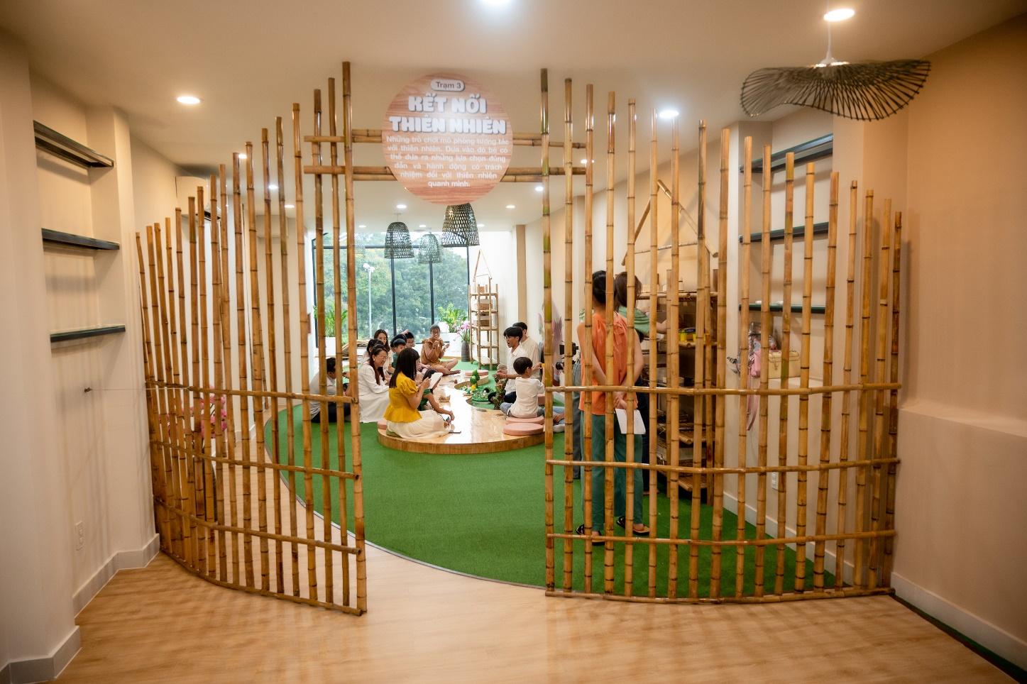 A group of people standing in a room with a bamboo gate

Description automatically generated