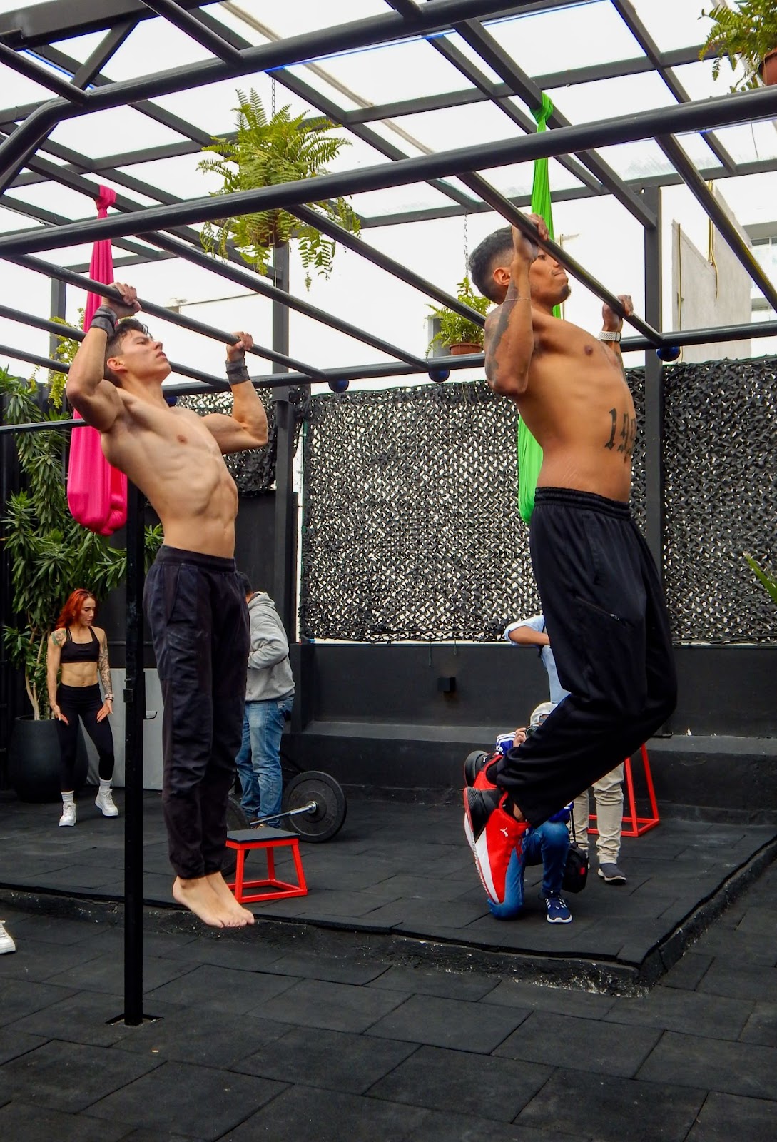 Two shirtless men doing pull-ups