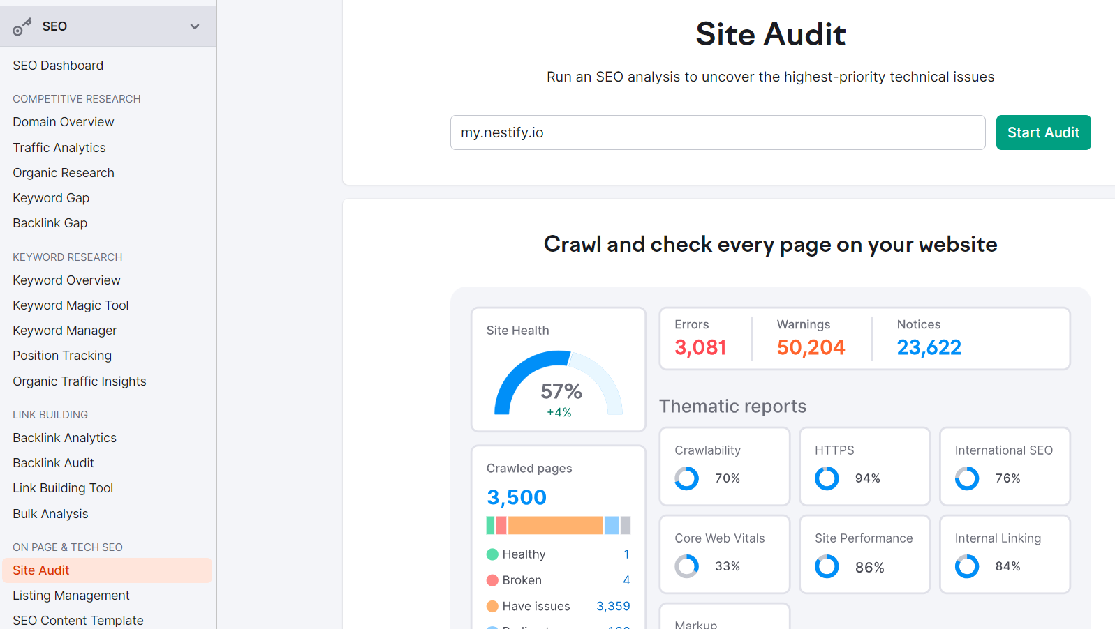 SEMrush site audit