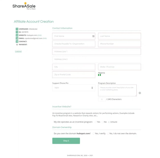 Shareasale: contact information where your payments will be sent