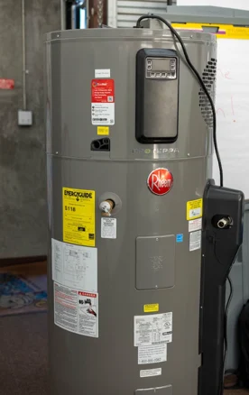 A Rheem heat pump water heater on display.