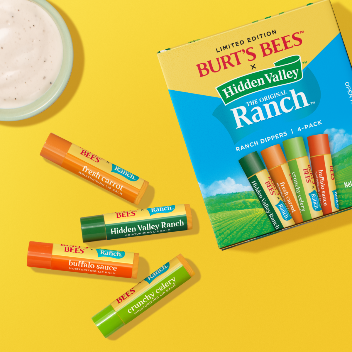 A promo image for a Hidden Valley Ranch flavored line of Burt’s Bees chapsticks. Gross. 