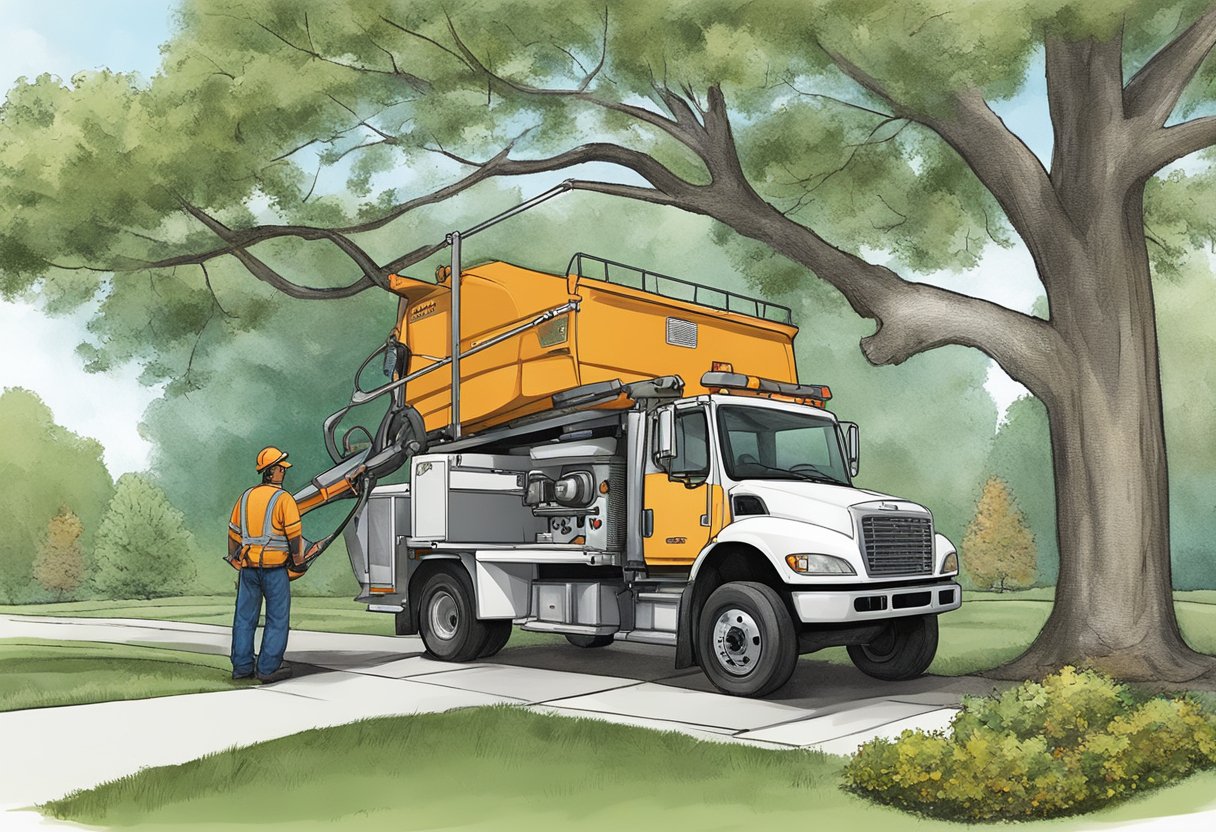 A tree pruning truck parked under a tall tree in Concord, NC. A tree service worker uses a chainsaw to trim branches