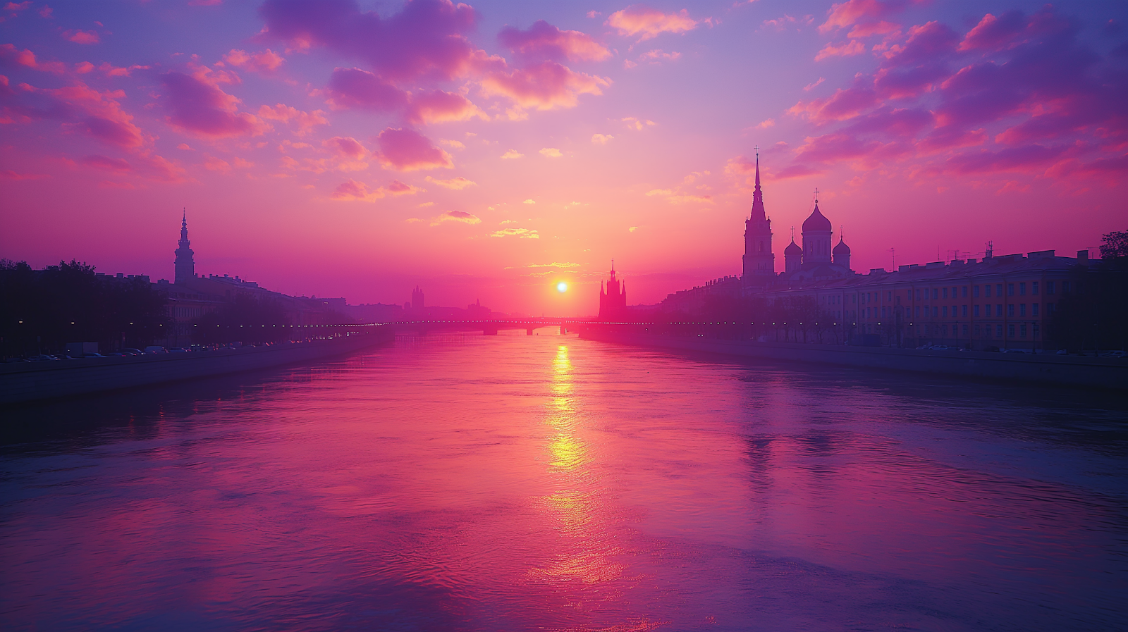 Twilight view over the Neva River featuring the silhouette of the Peter and Paul Fortress under a dusky sky.