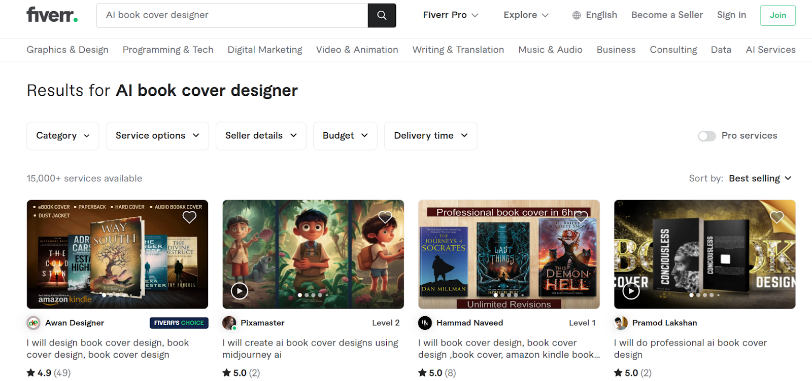 Screenshot of Fiverr services for "AI book cover designer"