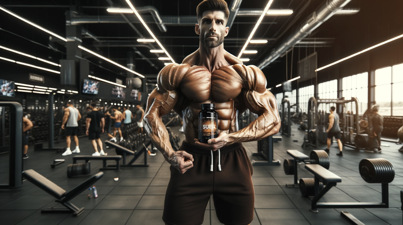 Man in a gym holding a supplement bottle