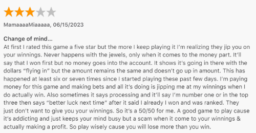 A 3-star review from a player who likes the game but doesn't think it pays out as much as it should. 