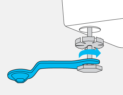 An illustration of a wrench turning the locking nut on a leveling feet clockwise.