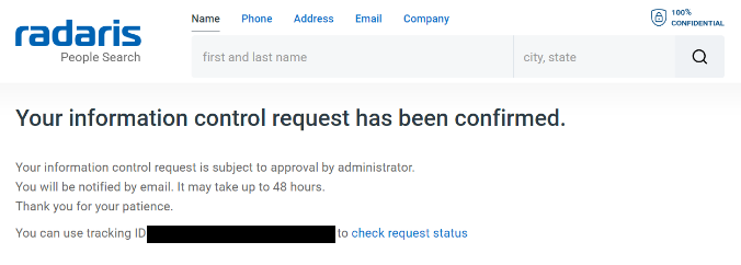 Radaris opt out request confirmation 