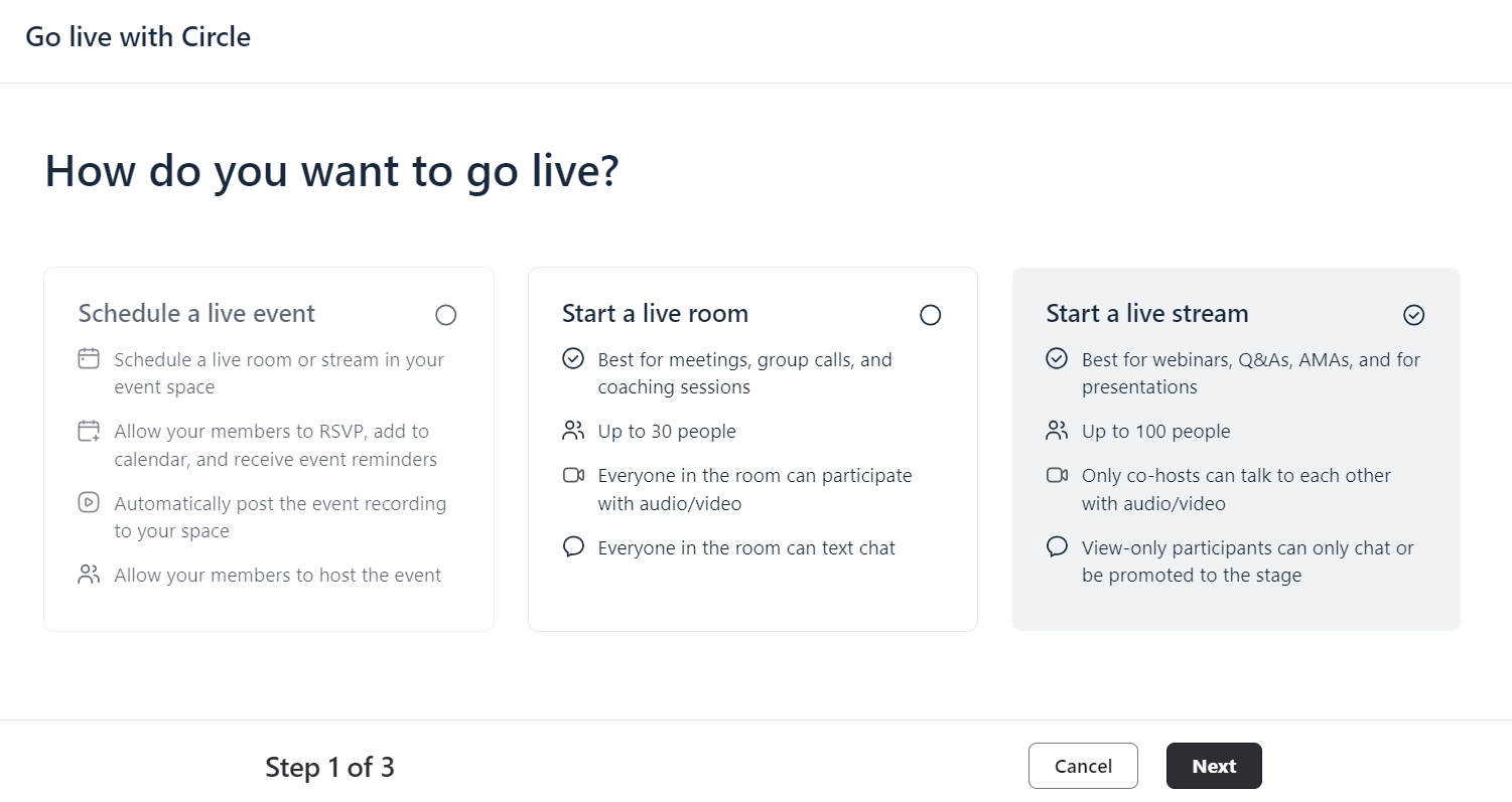 Circle livestreaming options