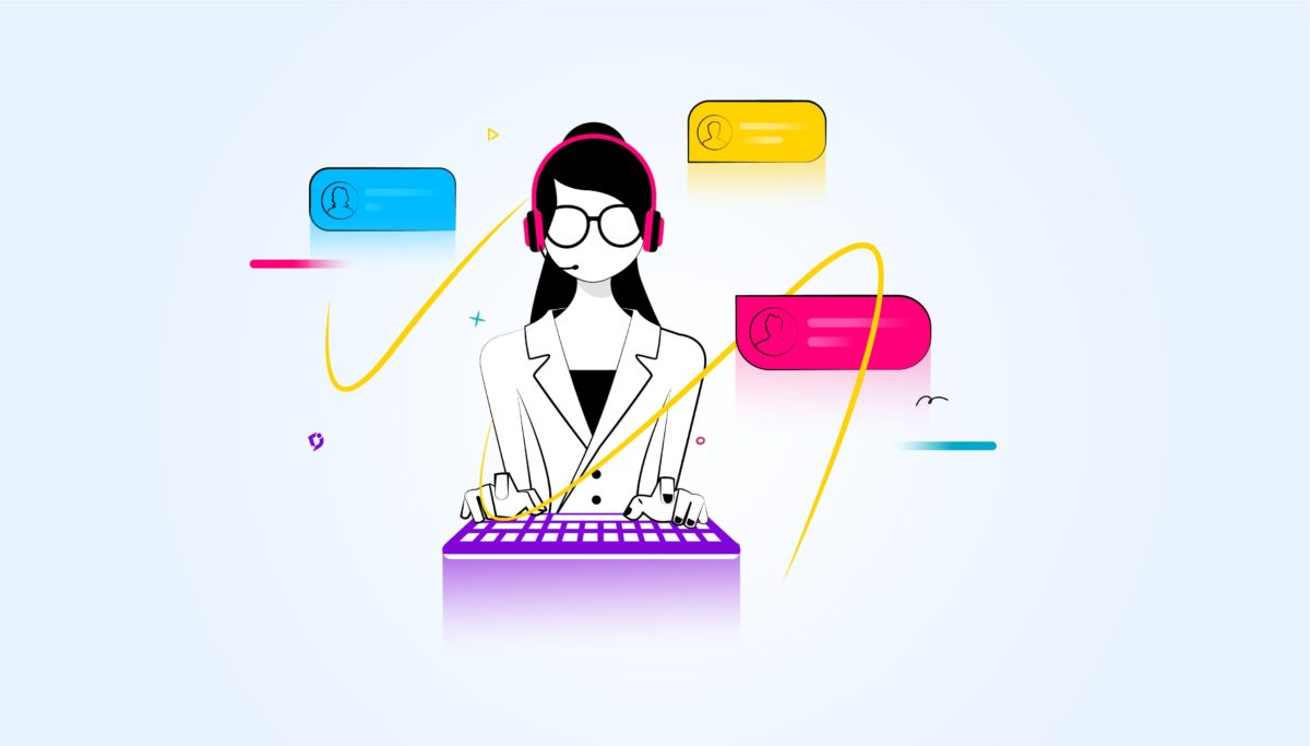 A woman in glasses sits at a keyboard, providing customer service.