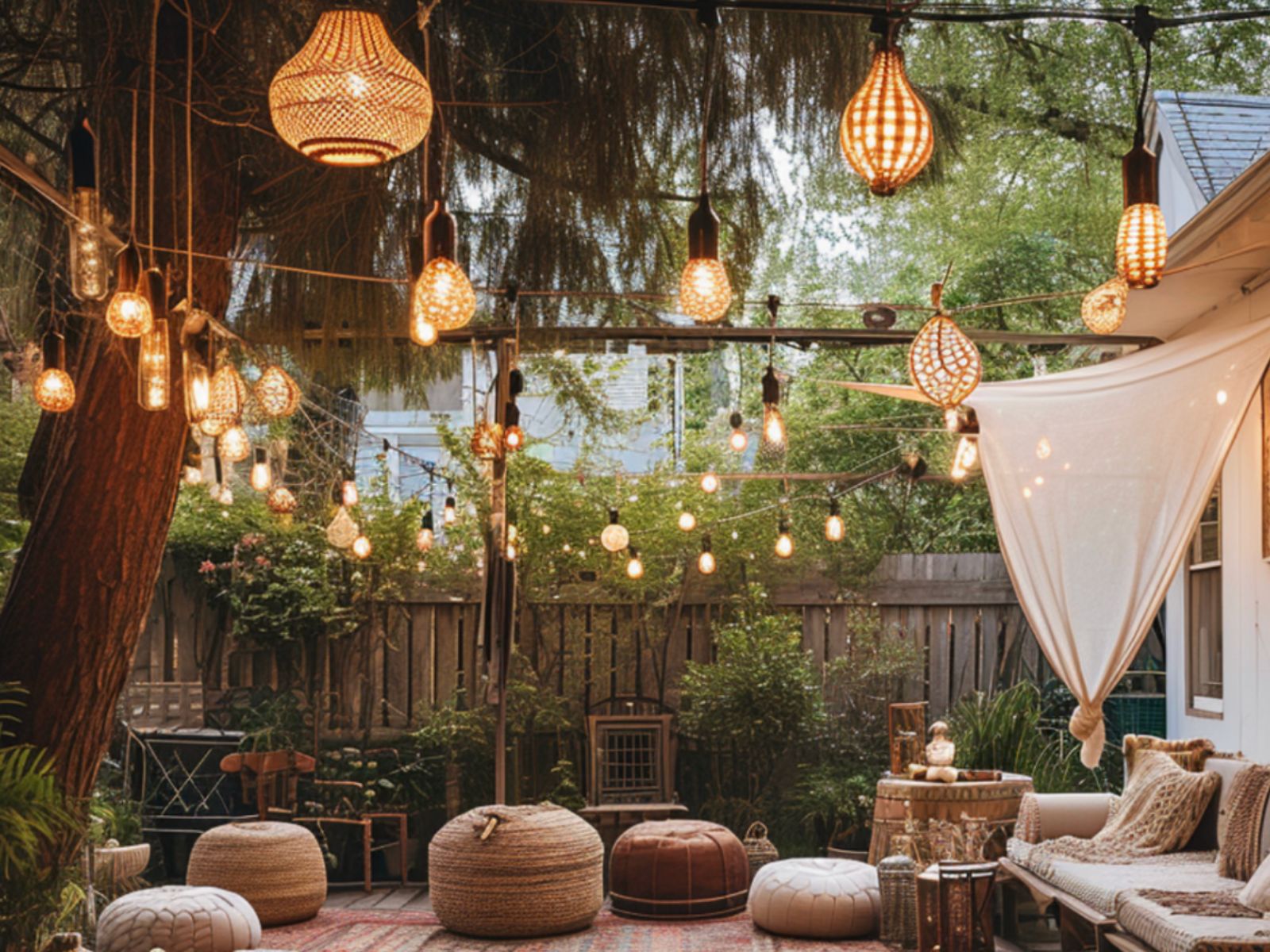 A backyard decorated with boho lights, pendant lights and bulbs