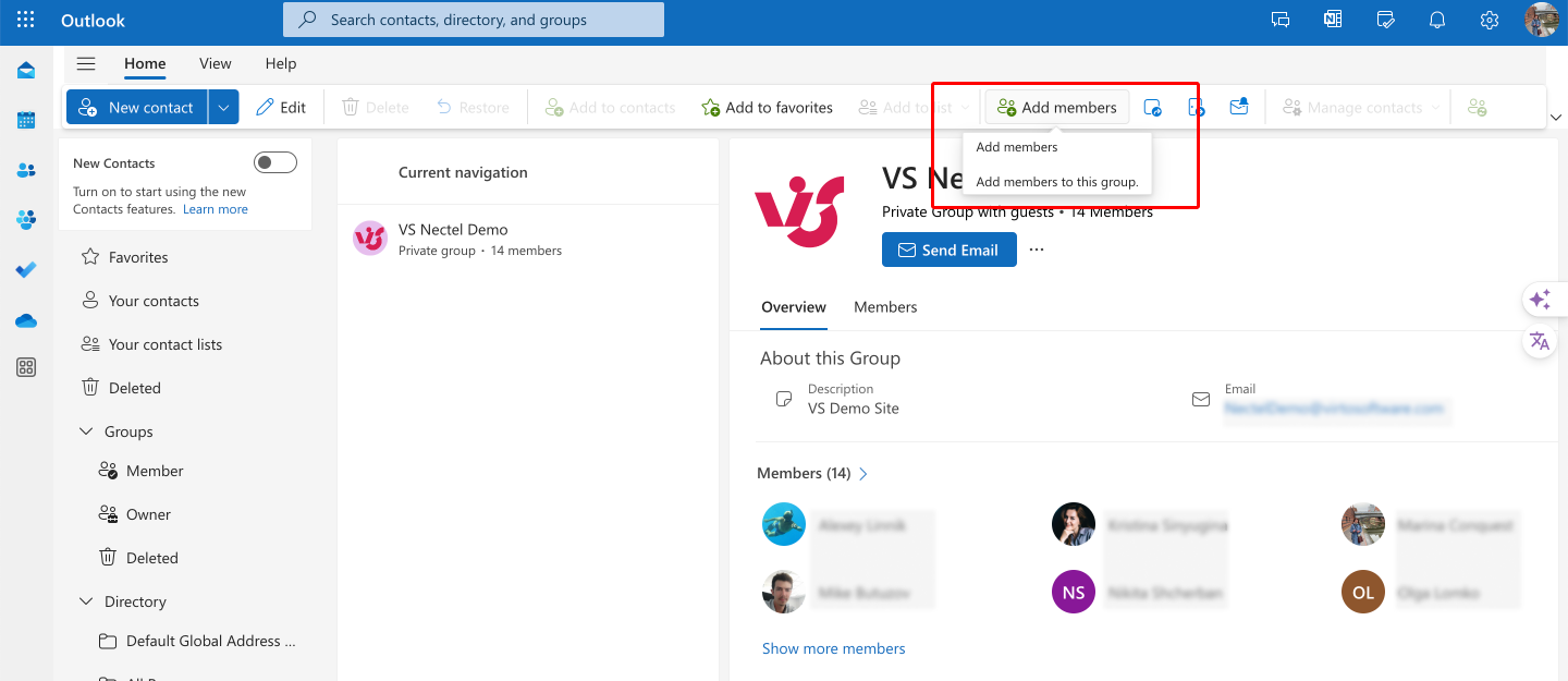 Adding members to your group in Outlook.