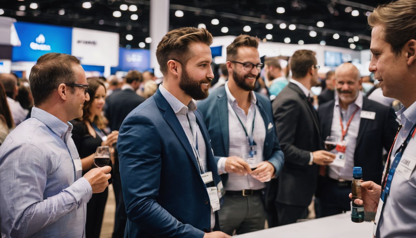 A group of professionals networking at a trade show in New Orleans.