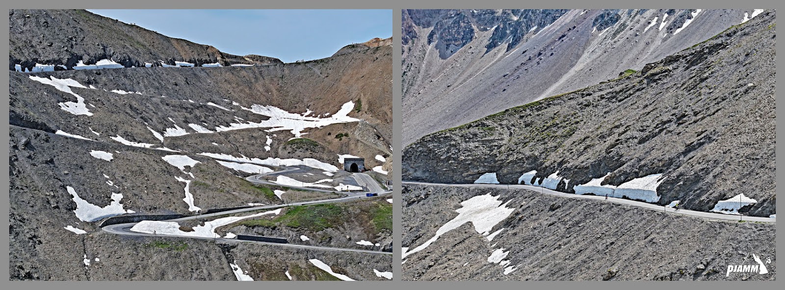 Cycling Col du Galibier from Valloire: photo collage shows final hairpins at climb finish, patches of snow lining the roadway