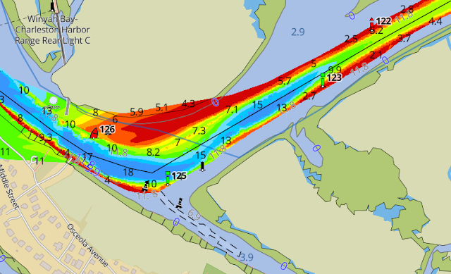 A bathymetric map showing shallow water on the inside of a curve and markers that don't indicate the shallow spots.