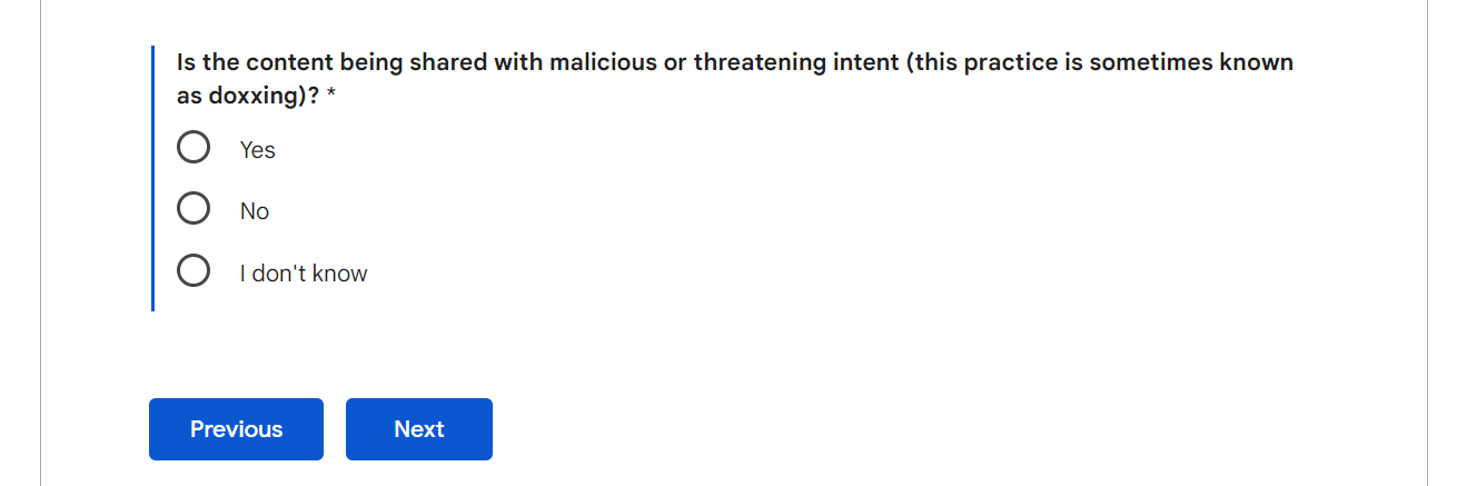 Answer a question: Is the content being shared with malicious or threatening intent, select an option and click the next button
