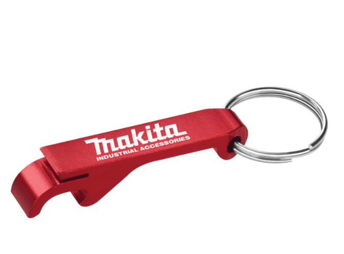 Screenshot of a red, branded keychain. 